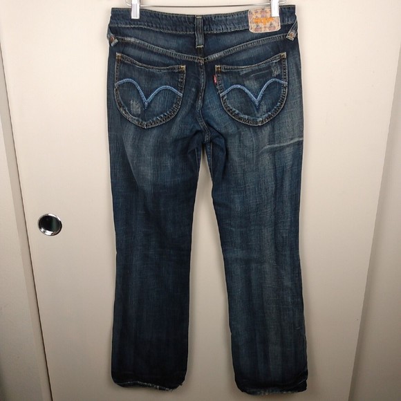 Levi's 518 Superlow Boot Cut Jeans Women Junior 11M Med Wash Distressed Patches - Picture 2 of 9